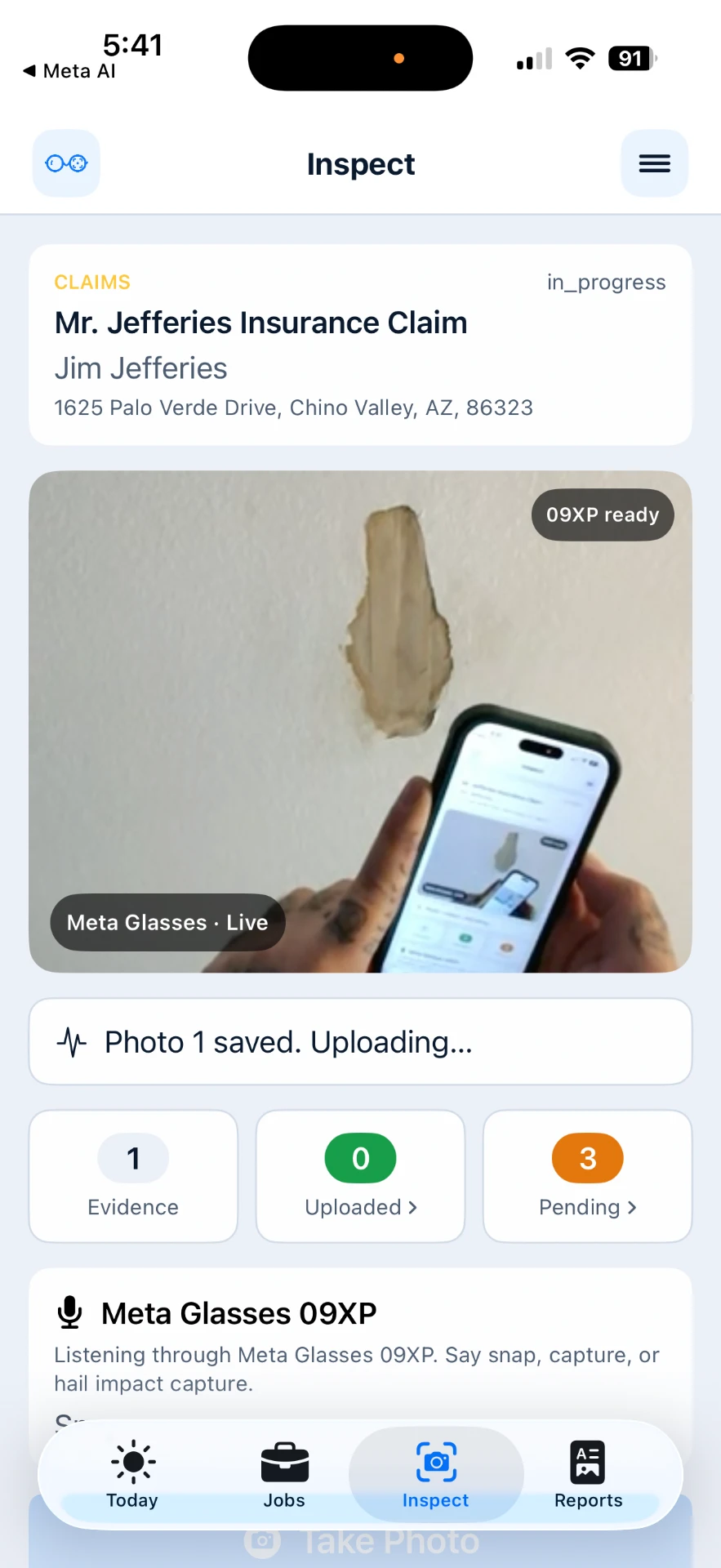 SkaiInspect field app showing a live Meta Glasses capture session attached to an insurance claim, with evidence counts and voice command listening