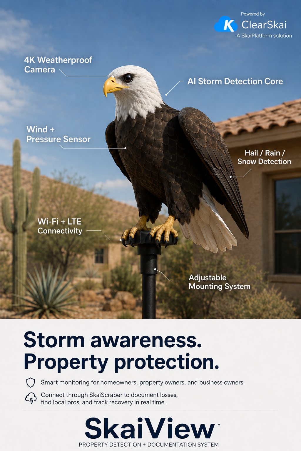 SkaiView property monitoring unit with 4K weatherproof camera, wind and pressure sensor, hail detection, and adjustable mounting system